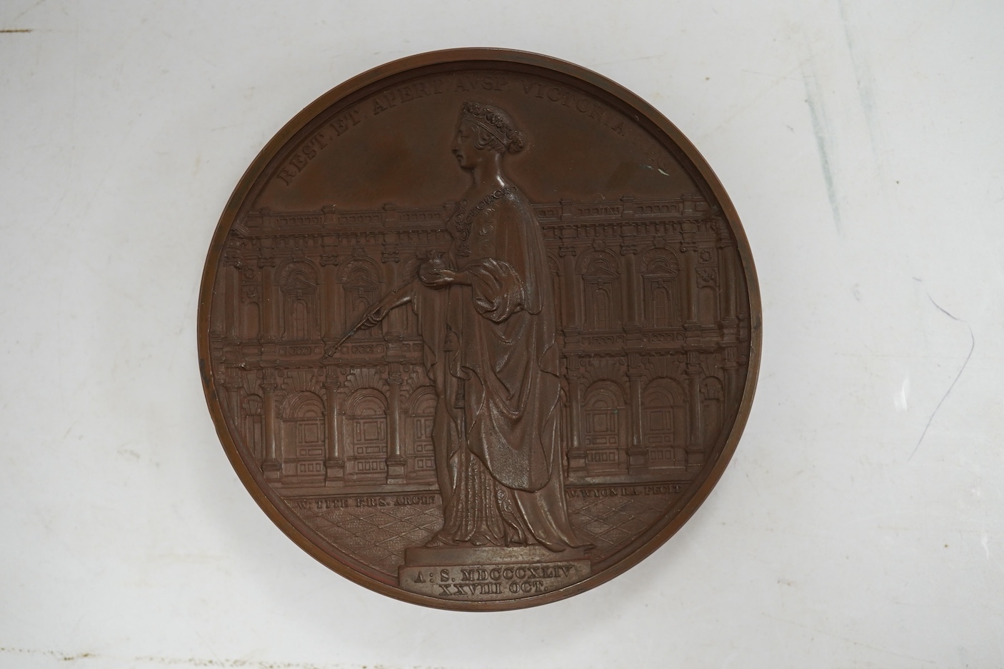 Victoria medals, Opening of the New Royal Exchange, 1844, a copper medal by W. Wyon, bust of Thomas Gresham left, rev. statue of Victoria in front of elevation of the Exchange, 73mm, BHM 2185, spotting otherwise EF, in f